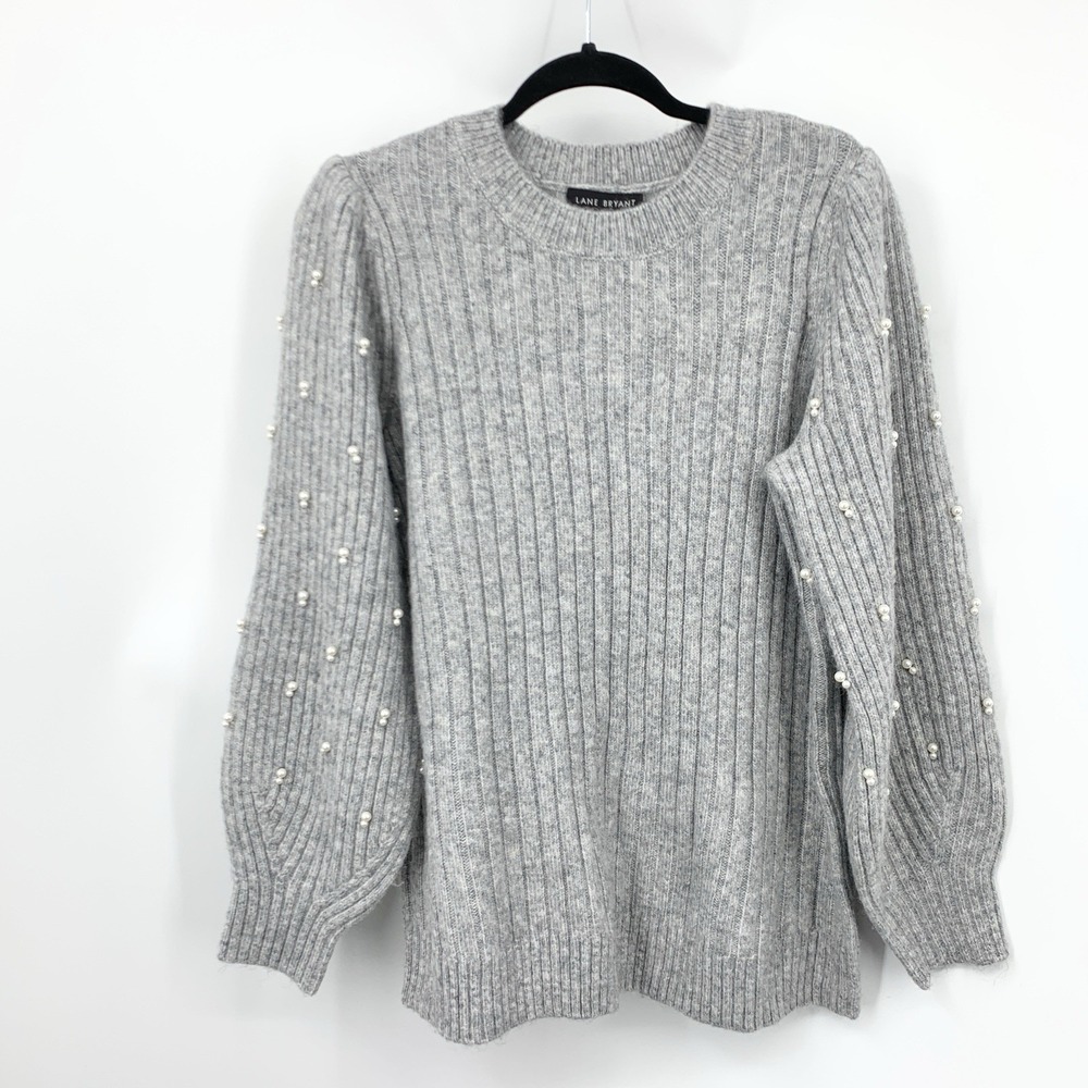 Lane Bryant Women Size 18 20 1X Sweater Gray Ribbed Knit Pearls Pullover Top